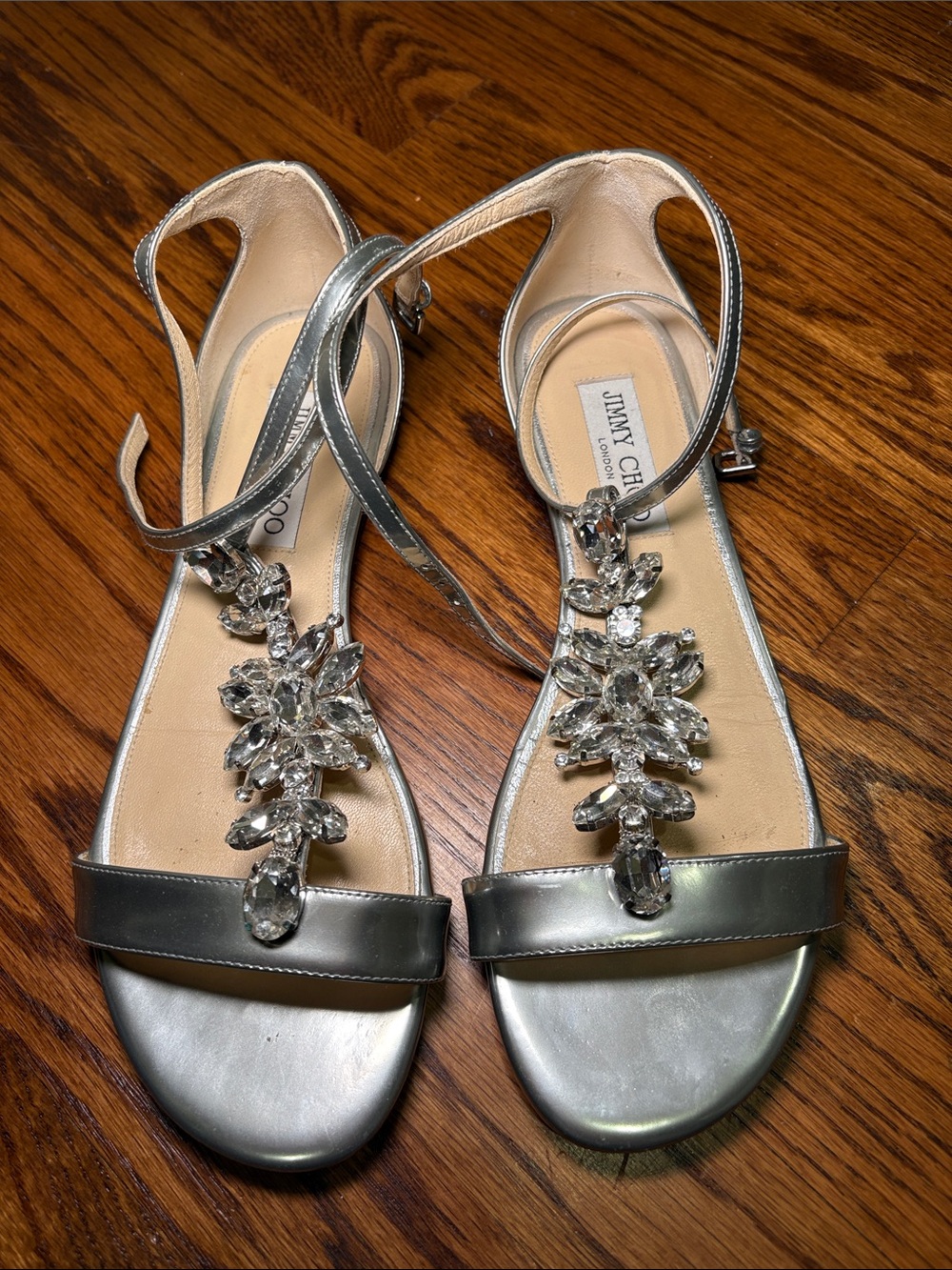 Jimmy Choo Silver Crystal T-Strap Flat Sandals